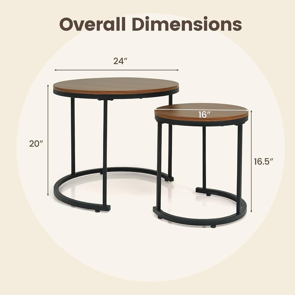 GOFLAME Nesting Coffee Tables Set of 2, Stacking Round Center Table with Wooden Tabletop & Powder Coated Steel Frame, Living Room Coffee End Table Set for Apartment, Bedroom (Brown & Black)