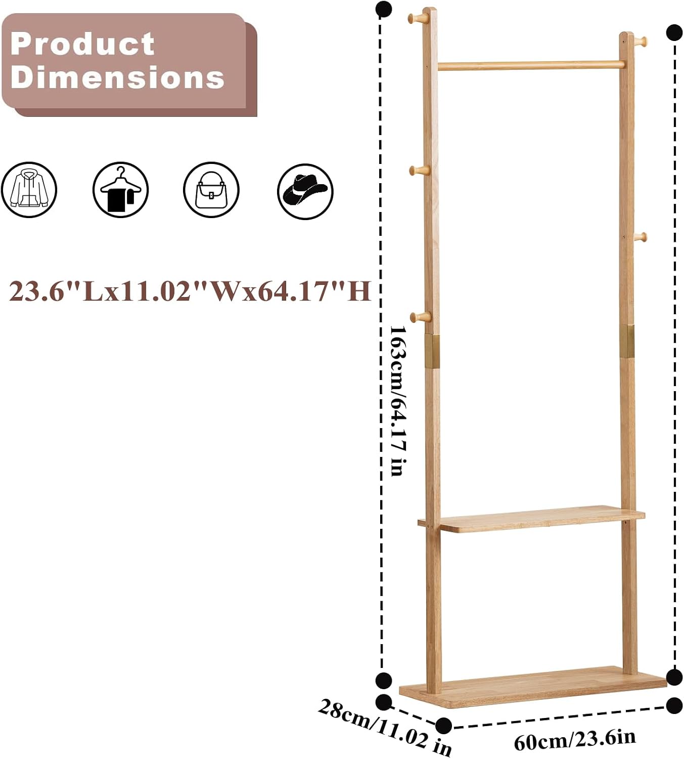 SOBIBO Wood Coat Rack Freestanding with Shelves & Hooks, 23.6inch, Natural | Solid Wood Frame, 3-in-1 Clothes Rack, Garment Rack with Storage for Bedroom, Hallway, Entryway, Office, Living Room