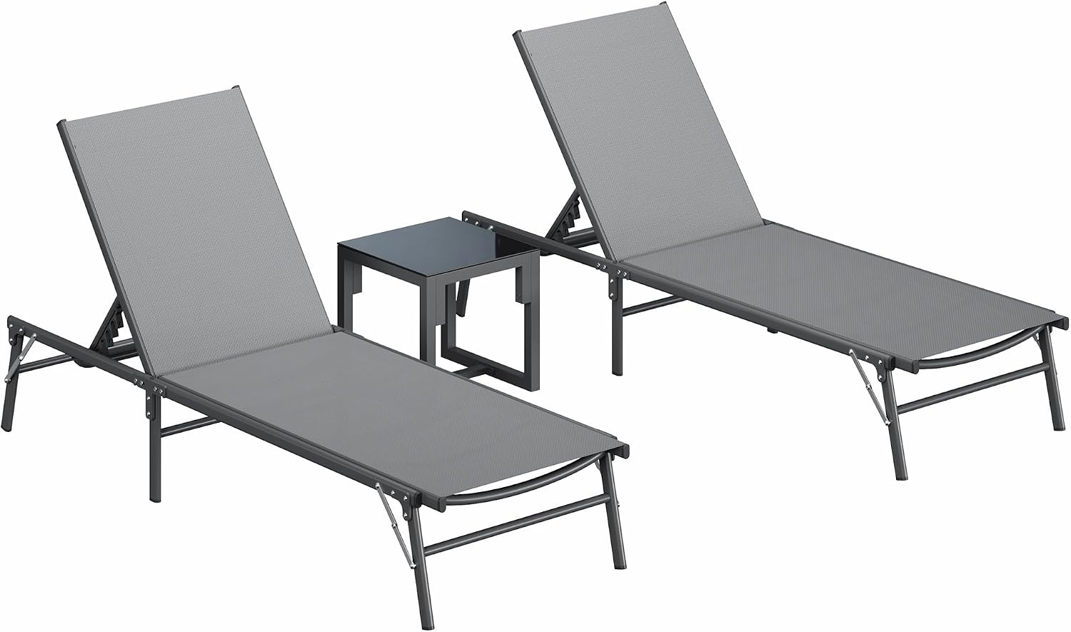 Amopatio Foldable Patio Lounge Chairs Outdoor Portable Pool Chaise Lounge Set of 2 with Side Table for Outside, Weather Resistant, 5-Position Adjustable Backrest, 400 LBS Capacity,Gray