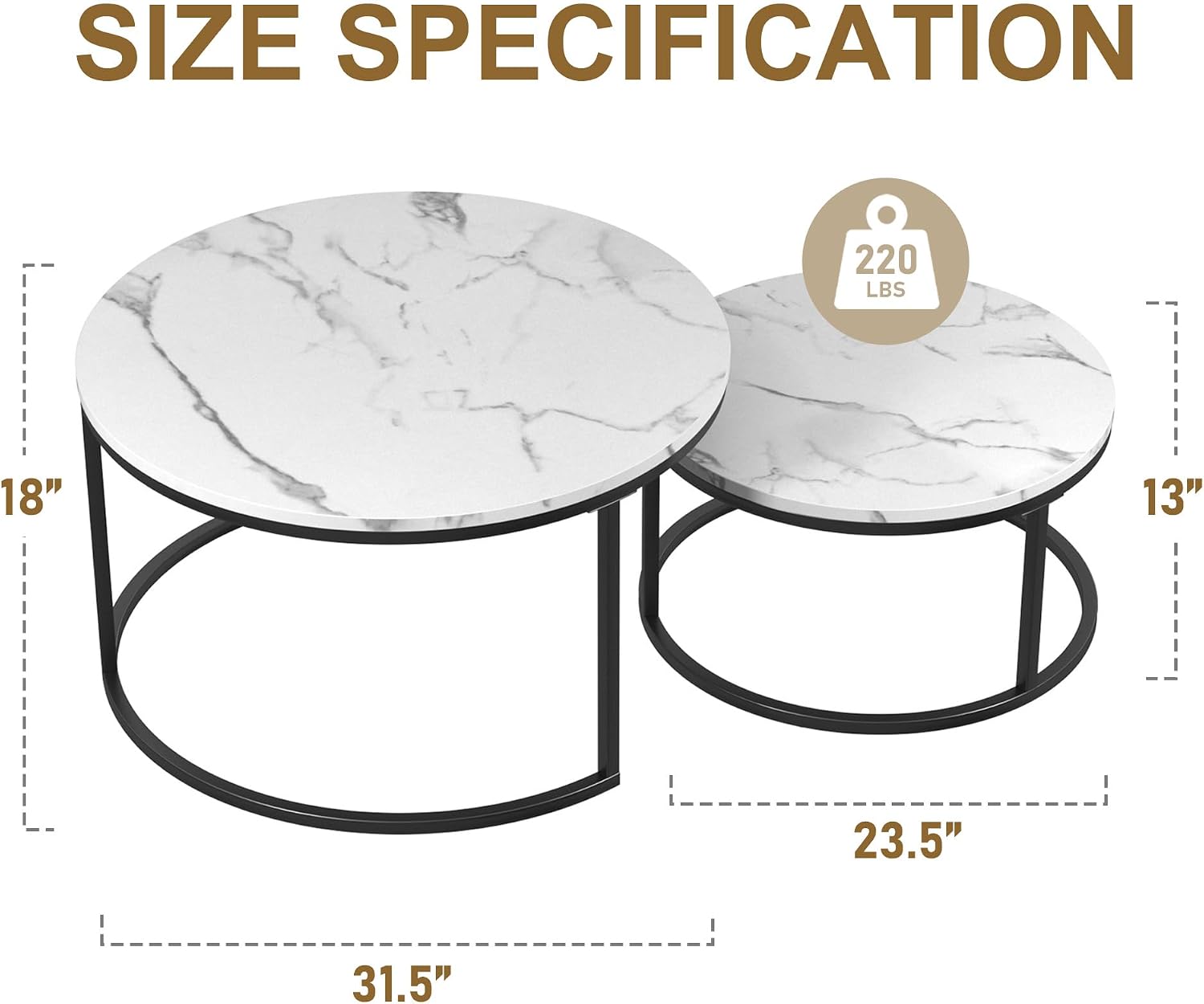 Nesting Coffee Tables Set of 2, 31.5" Round Coffee Table for Living Room, Marble Pattern Wooden Tabletop Black Sturdy Metal Frame Tables, Modern Bedroom Simple Nightstand Balcony Yard