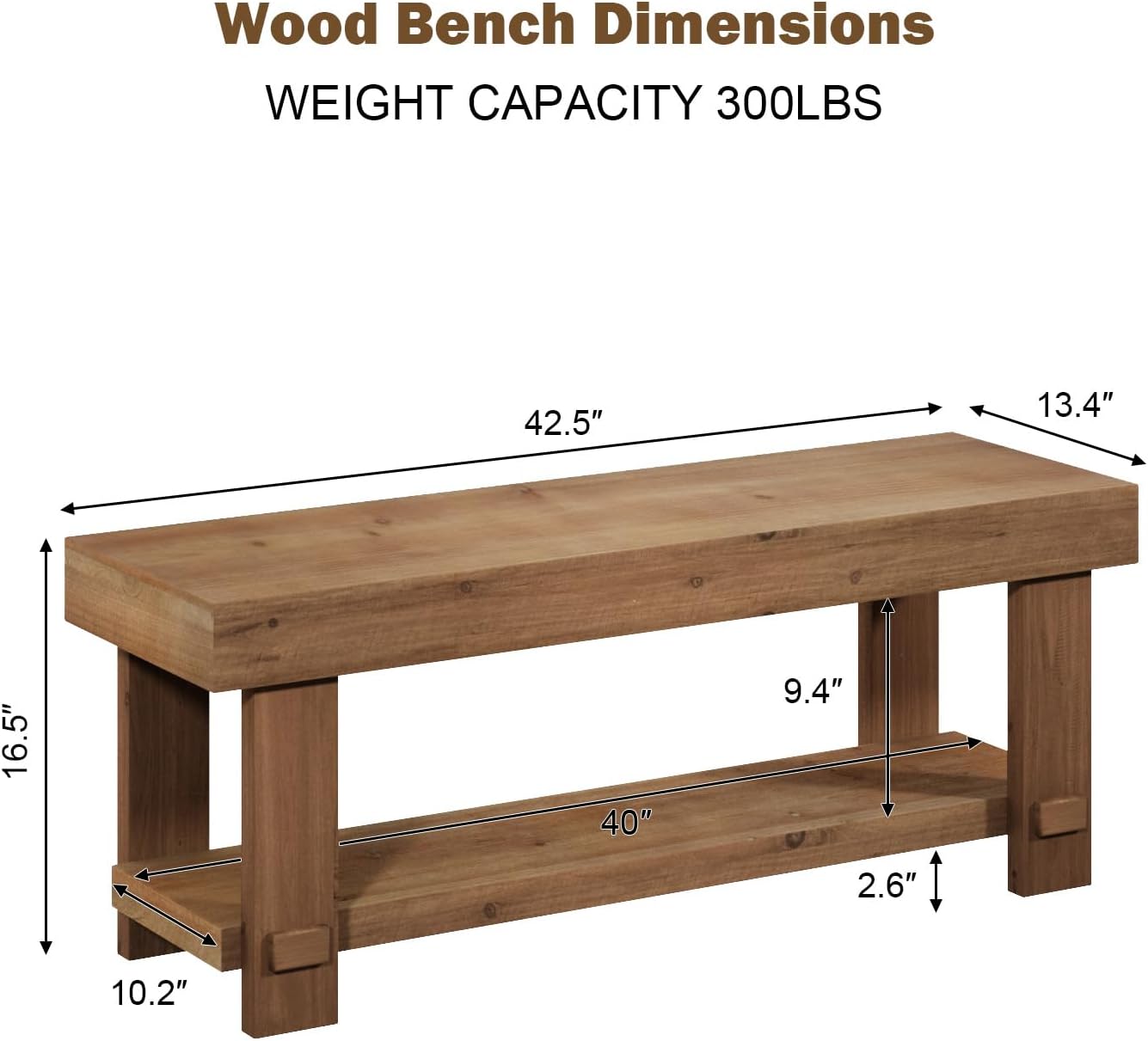 Solid Wood Bench - 42.5" Long Farmhouse Entryway Bench, Narrow End of Bed Storage Benches Seat for Indoor, Entryway, Dining Room, Living Room, Bedroom and Hallway, Natural