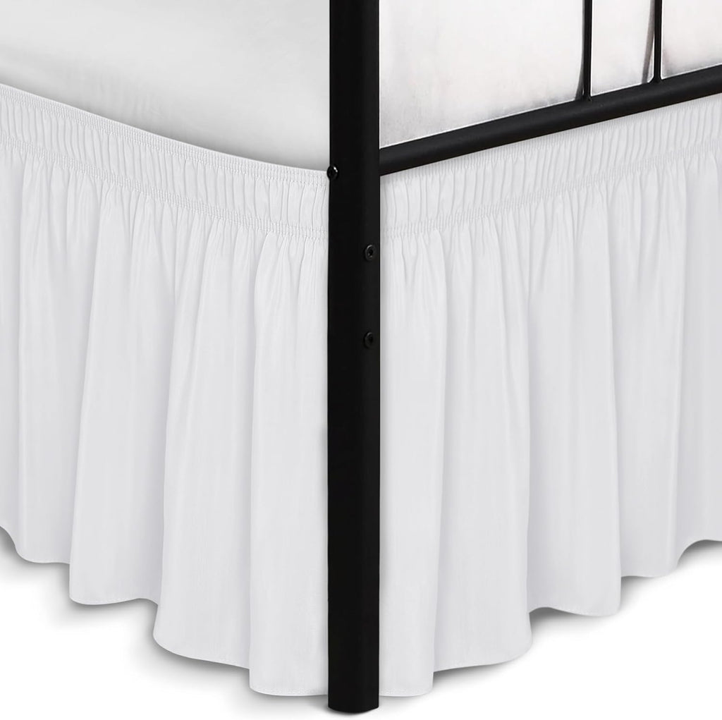Biscaynebay Wrap Around Bed Skirts with Split Corners for Queen Beds 15" Drop, White Adjustable Elastic Dust Ruffles Easy Fit Wrinkle Resistant Silky Luxurious Fabric Machine Washable