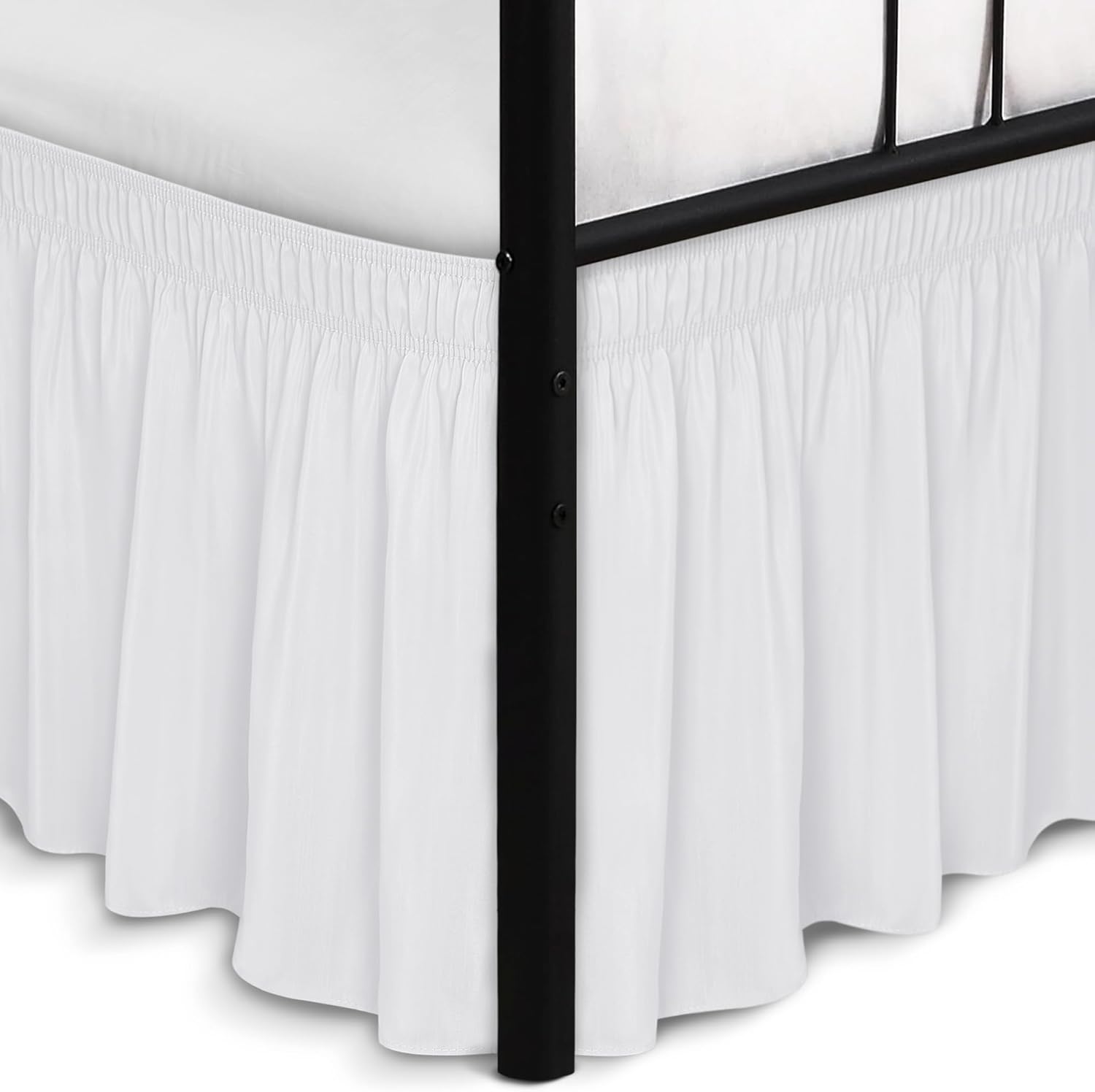 Biscaynebay Wrap Around Bed Skirts with Split Corners for Queen Beds 15" Drop, White Adjustable Elastic Dust Ruffles Easy Fit Wrinkle Resistant Silky Luxurious Fabric Machine Washable