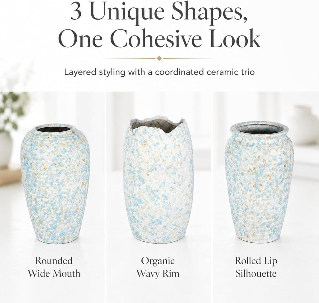 BEAHOT Ceramic Vases Set of 3 – 6.7-inch Handmade Blue & White Pottery Trio with Speckled Glaze – Decorative Flower Vases Home Decor for Table Mantel Entryway Shelf Living Room Kitchen Bathroom