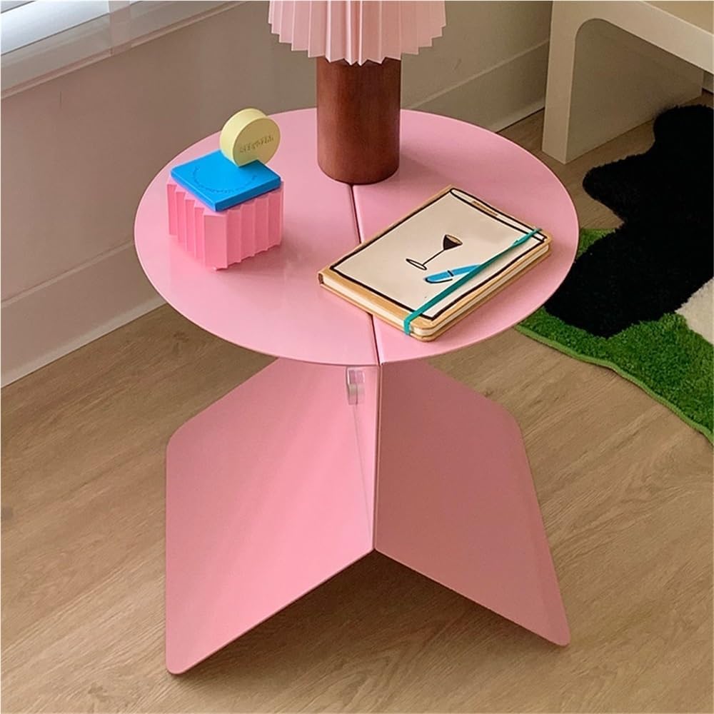 Modern Pink Side Table, Round Stylish End Table, Magazine Rack for Living Room, Multifunctional Accent Table for Bedroom, Metal Couch Table
