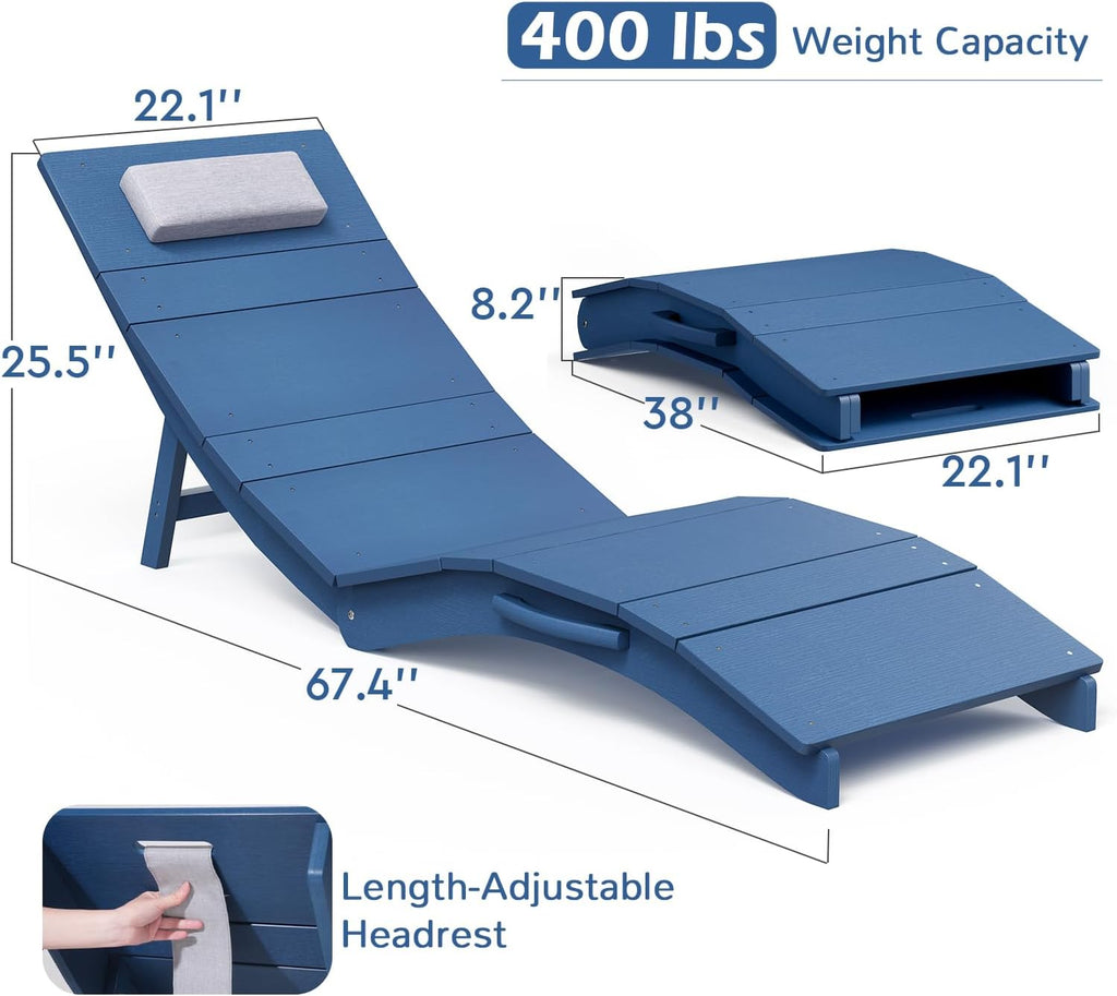 Stoog Folding Pool Lounge Chair, HIPS Outdoor Anti-Floating Recliner with Headrest, Pool Chairs for Hotel, Beach & Sun Decks, Blue