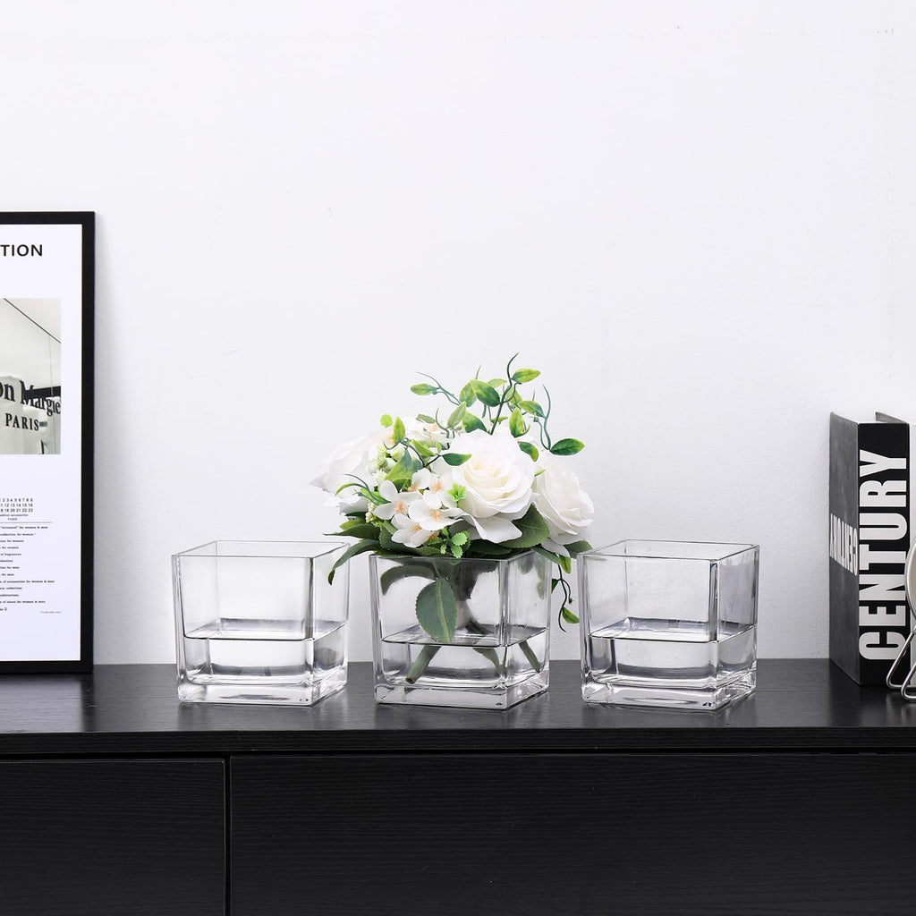 Square Clear Glass Vases Set of 6, 5" x 5" x 5" Flower Vases for Centerpieces, Square Vase for Centerpieces, Small Vase for Wedding, Party, Home Office Decoration