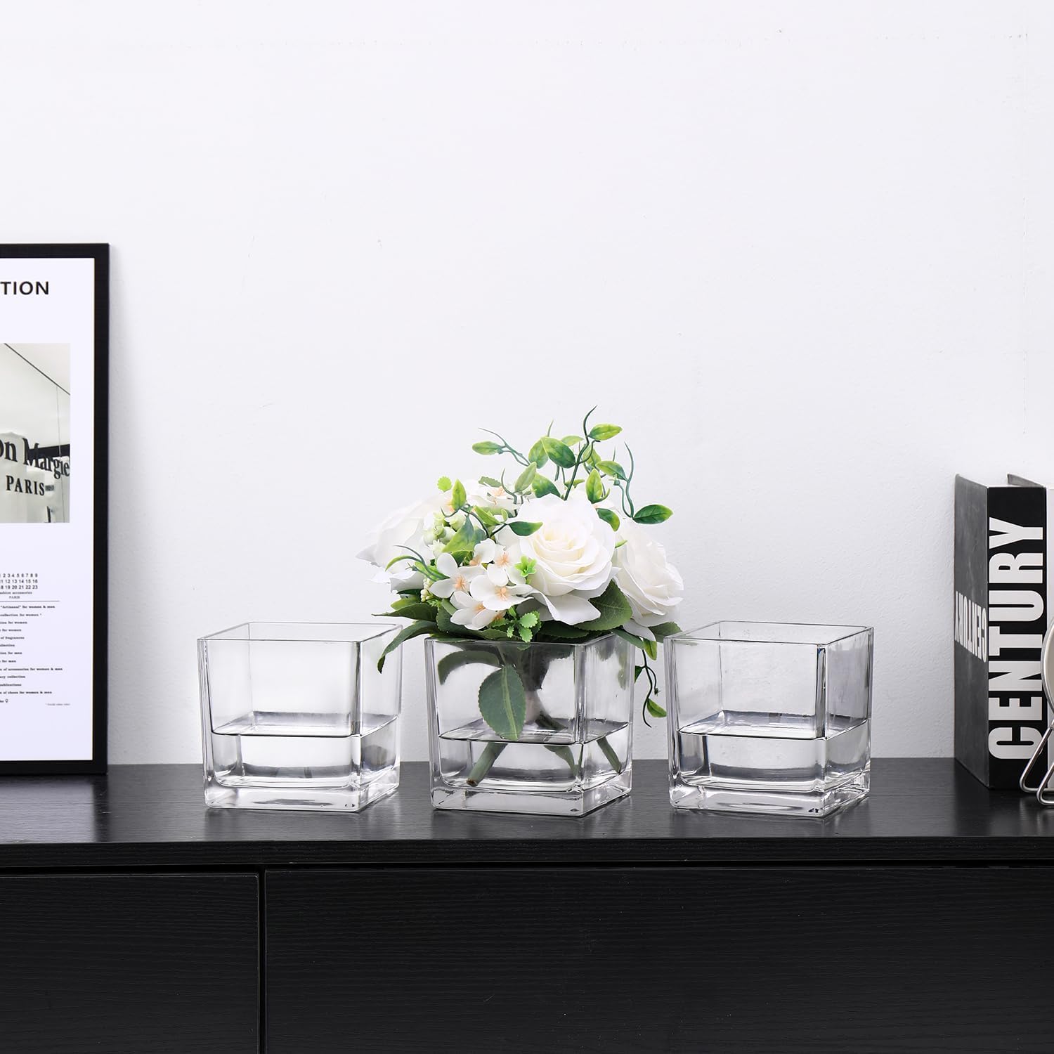Square Clear Glass Vases Set of 6, 5" x 5" x 5" Flower Vases for Centerpieces, Square Vase for Centerpieces, Small Vase for Wedding, Party, Home Office Decoration