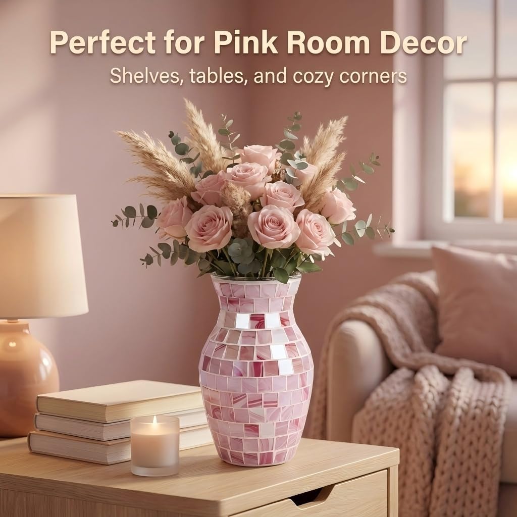 Pink Vase for Flowers, 8 Inch Mosaic Glass Centerpiece | Pink Gradient Tiles, Wedding Table Decor, 5.42 Inch Body for Bouquets and Pampas