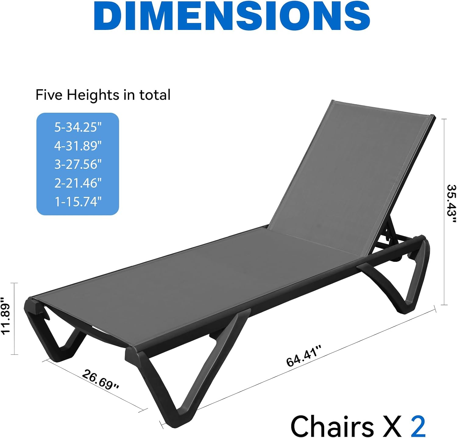 Outdoor Lounge Chairs Set of 2, Aluminum Pool Lounge Chairs with 5 Adjustable Backrest and Side Table, Full Flat Patio Lounge Chair for Sunbathing & Tanning, Poolside, Patio, Beach -Dark Grey