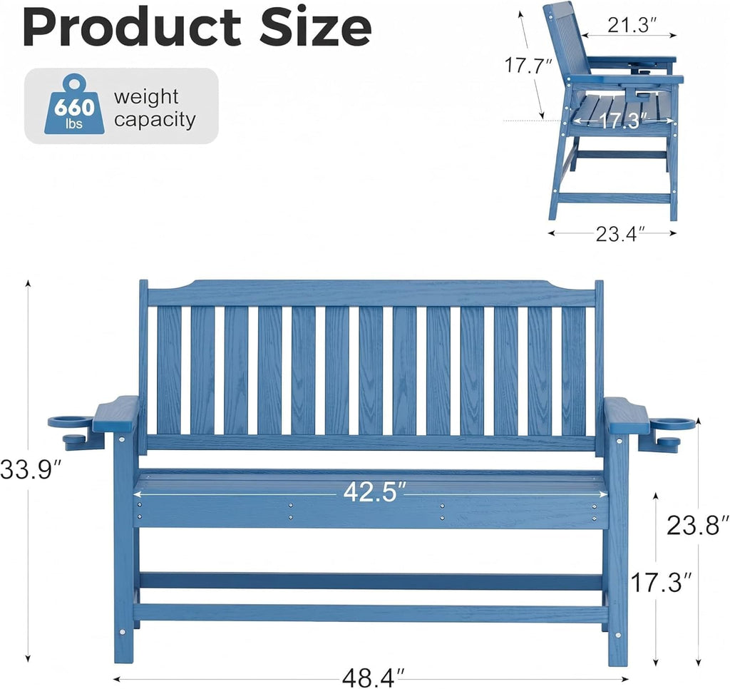 Outdoor Bench with Cup Holder Weatherproof HDPE Fade Resistant Garden Bench 660 lbs Bearing 2-Seat Front Porch Furniture for Patio, Backyard (Blue)
