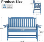 Outdoor Bench with Cup Holder Weatherproof HDPE Fade Resistant Garden Bench 660 lbs Bearing 2-Seat Front Porch Furniture for Patio, Backyard (Blue)