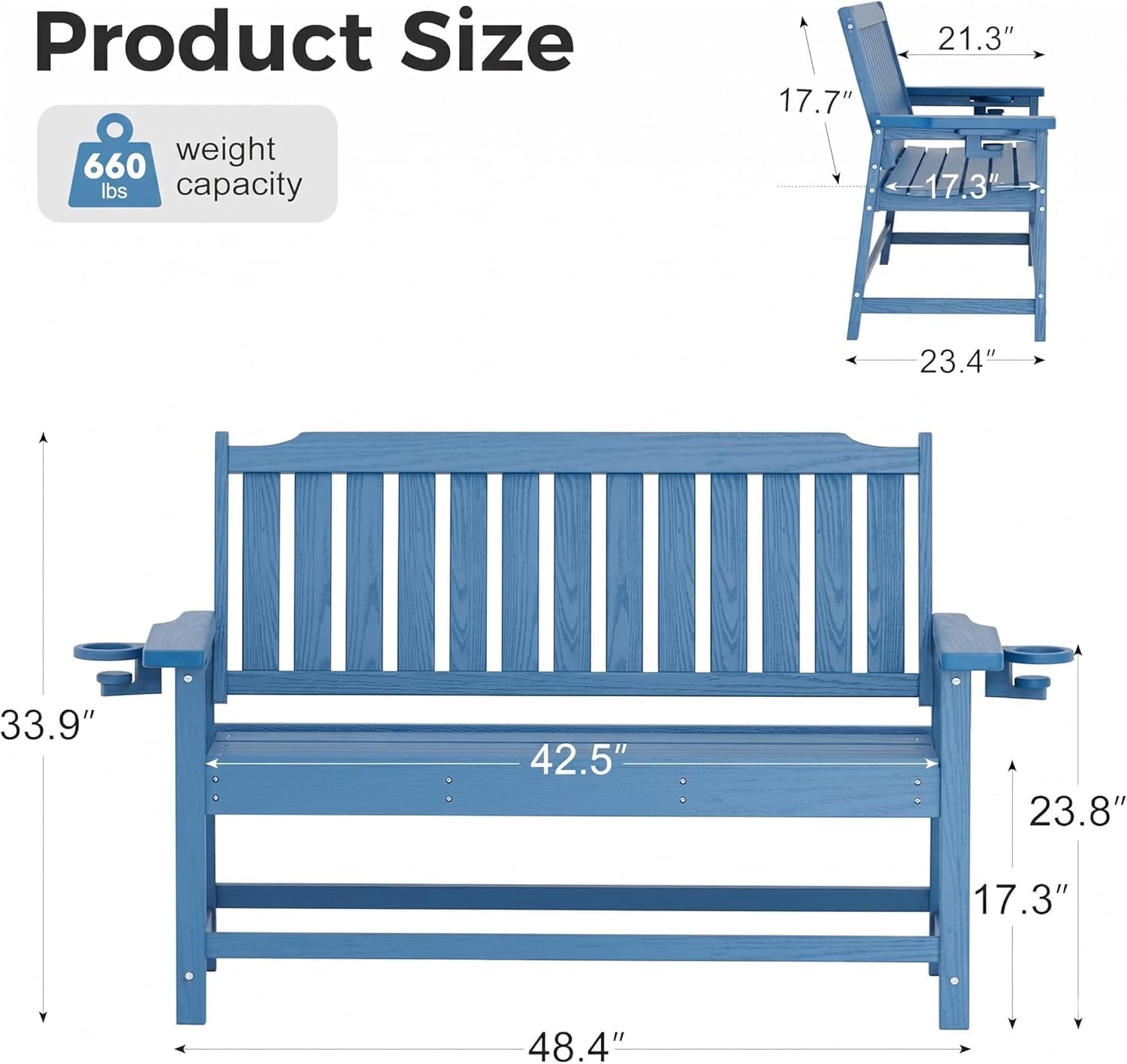 Outdoor Bench with Cup Holder Weatherproof HDPE Fade Resistant Garden Bench 660 lbs Bearing 2-Seat Front Porch Furniture for Patio, Backyard (Blue)