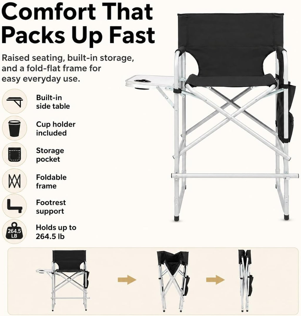 YUNWANG Tall Folding Directors Chair - High Foldable Bar Stool with Side Table Cup Holder and Storage Pocket - Seat Height Artist Chair for Makeup Artist Face Painting