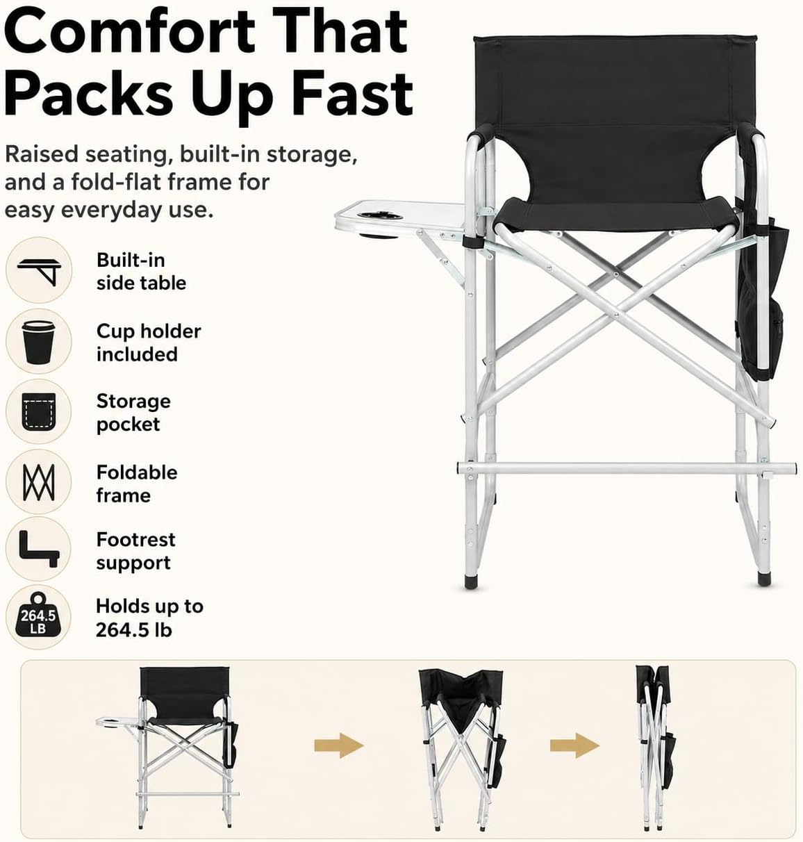 YUNWANG Tall Folding Directors Chair - High Foldable Bar Stool with Side Table Cup Holder and Storage Pocket - Seat Height Artist Chair for Makeup Artist Face Painting