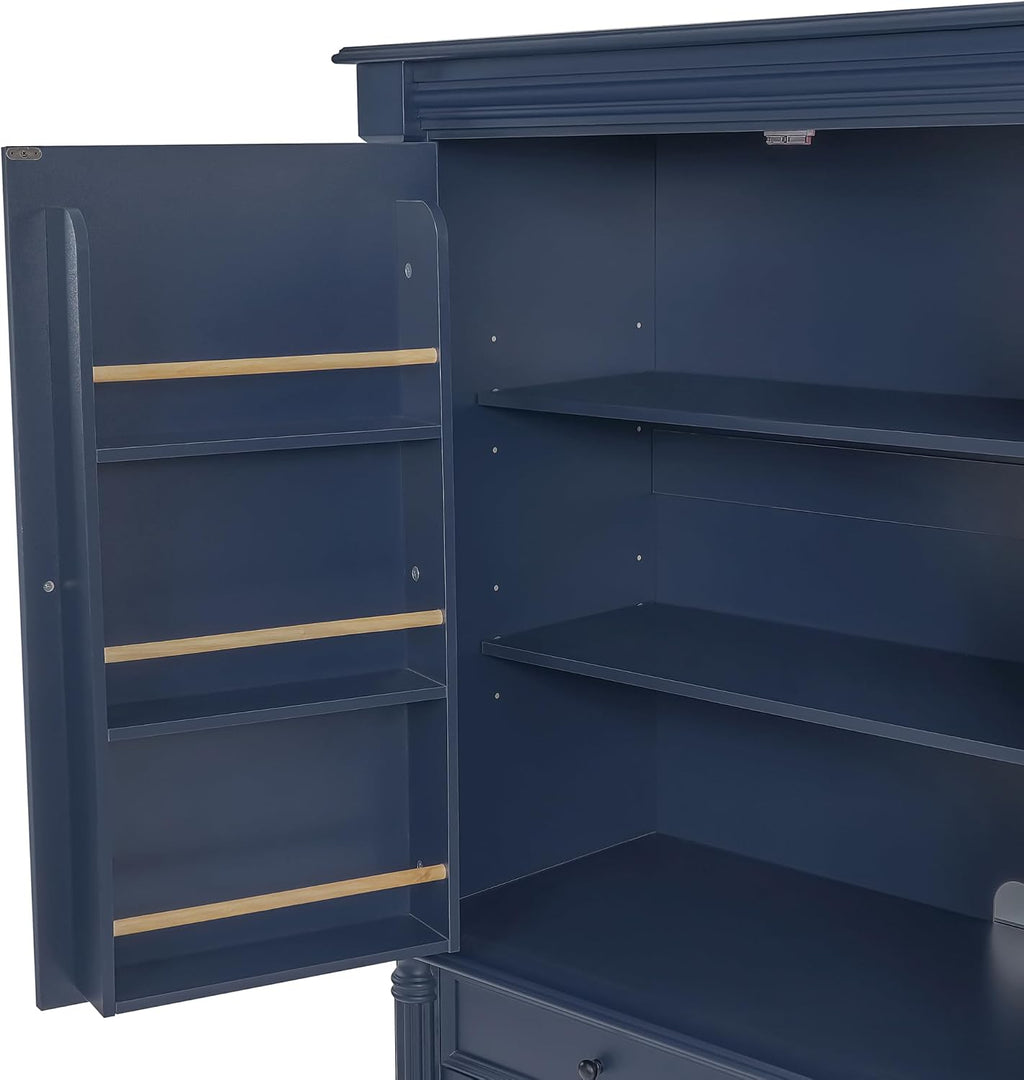 Freestanding 77.3" Tall Storage Cabinet, Wooden Pantry，Blue | Retro Large Kitchen Pantry, 2 Adjustable Shelves, 5 Drawers, 6 Door Shelves