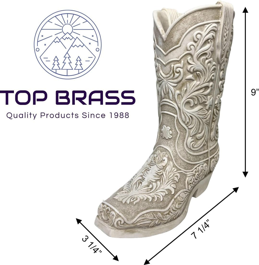 Cowgirl Boot Flower Vase – 9” Tall Antique White Finish with Intricate Tooled Leather Detailing - Decorative Western Cowboy Modern Rustic Decor