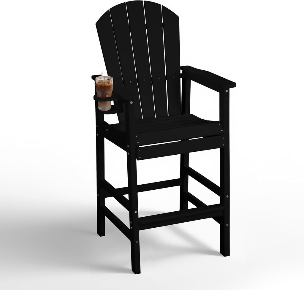 Tall Adirondack Bar Chair with Cup Holder, HDPE Outdoor Bar Height Chair with Armrests, All-Weather Poly Patio High Chair with Footrest for Balcony, Deck, Poolside, Backyard & Porch, Black