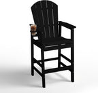 Tall Adirondack Bar Chair with Cup Holder, HDPE Outdoor Bar Height Chair with Armrests, All-Weather Poly Patio High Chair with Footrest for Balcony, Deck, Poolside, Backyard & Porch, Black