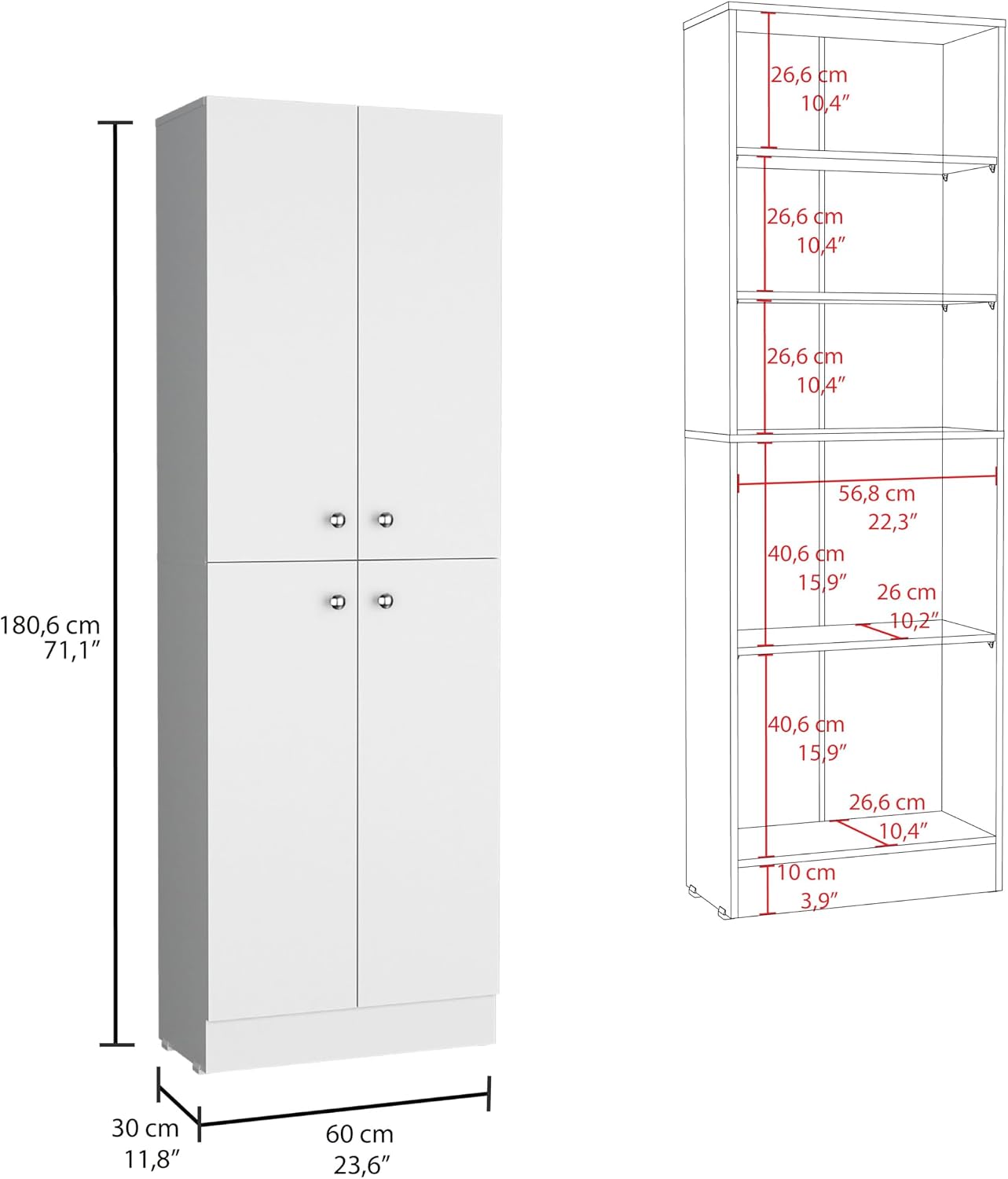 23.6" D*11.8" W*71.1" H Corner Kitchen Pantry, 3 Adjustable Shelves & Fixed Shelf, 2 Double-Doors, Freestanding Storage Cabinet, Modern Minimalist, for Living Room, Dining Room, White