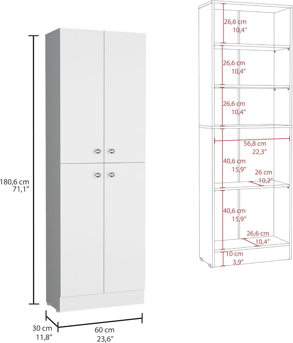 Modern Kitchen Pantry, Storage Cabinet with 4 Doors and 5 Adjustable Shelves, White, Engineered Wood, for Dining Room, Easy to Clean