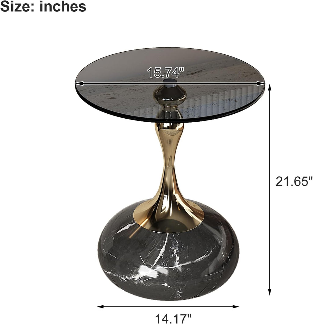 Lartis 10mm Gray Tempered Glass Side Table with Marble-Finish Base & Nano-Coated Pole - Weighted Accent Table for Living Room, Bedroom, Balcony (Gold/Black)