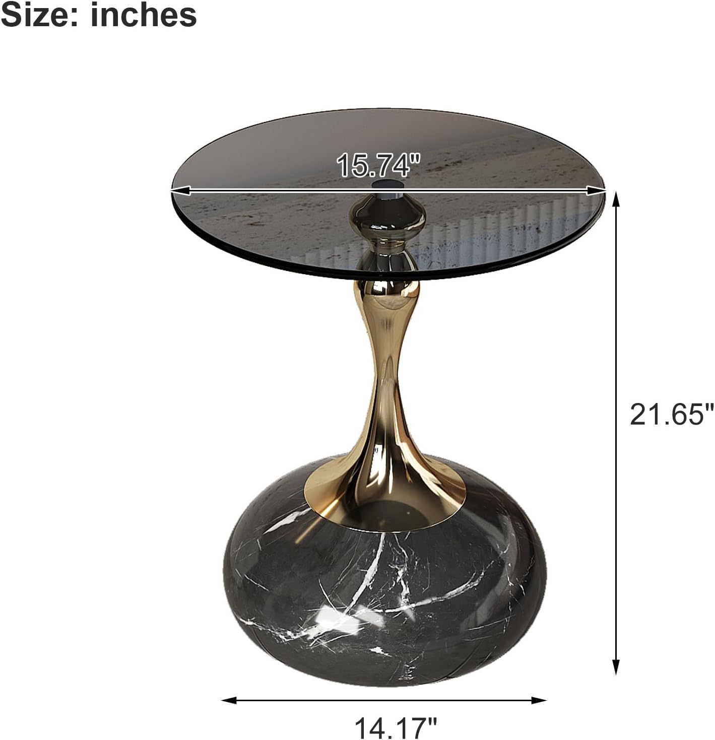 Lartis 10mm Gray Tempered Glass Side Table with Marble-Finish Base & Nano-Coated Pole - Weighted Accent Table for Living Room, Bedroom, Balcony (Gold/Black)