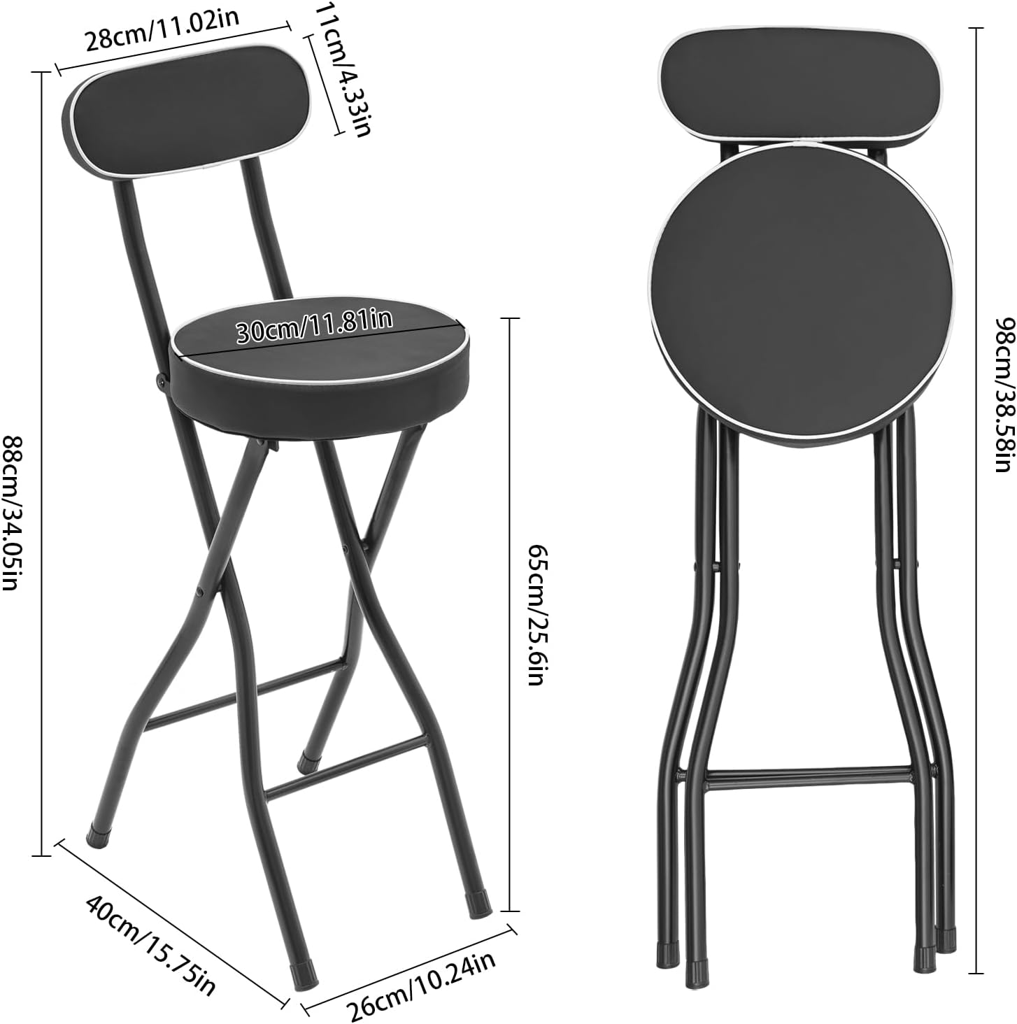 2PCS Folding Bar Stool with Backrest, Leather Padded Counter Height Foldable Stool, Portable Folding Stool Tall Bar Stools for Outdoor Camping Kitchen Shop (Black)