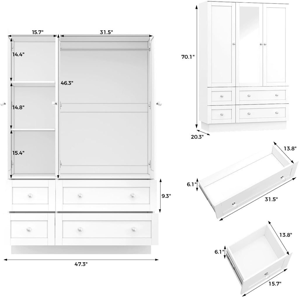 VOWNER Wardrobe Closet with 3 Doors Bedroom Armoire with Mirror & 4 Drawers | Large Capacity Storage Closet with LED Light and Hanging Rod for Bedroom, White 47" L