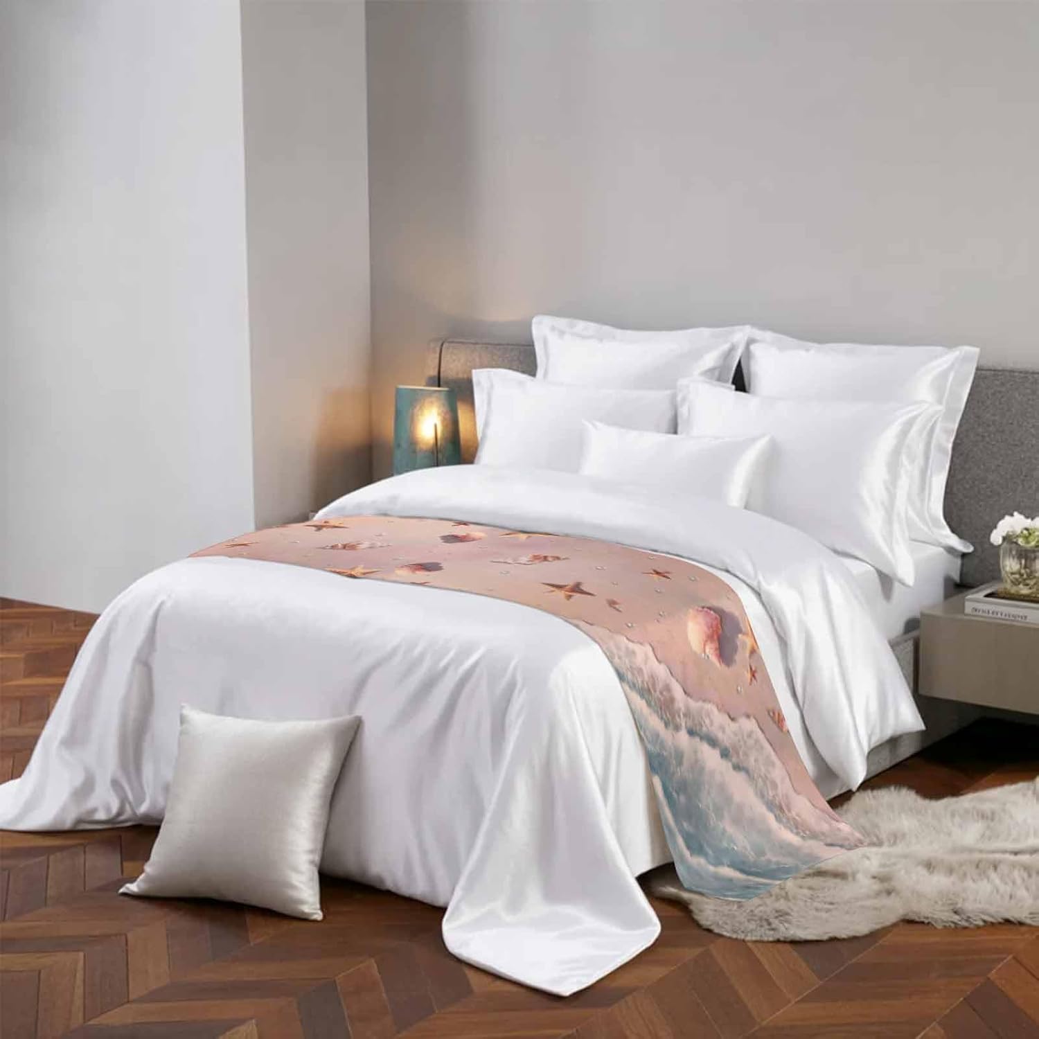 Summer Beaches Bed Runner for King Size Bed, 102"x20" Nautical Ocean Pink Wave Sea Nut Starfish Pearl Luxury Bed Runners & Scarves Decorative Bedding Scarf Protector Slipcover for Home Hotel