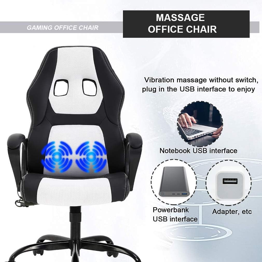 Office Chair Gaming Chair Desk Chair Ergonomic High Back Massage Computer Chair with Lumbar Support & Comfort Armrest PU Leather Rolling Task Racing PC Swivel Executive Chair for Men Women, White