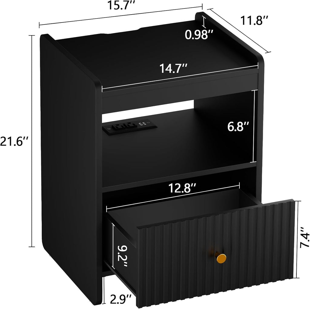 HIFYOBRO 21.6" Fluted Nightstand, End Table with Charging Station and LED Light, Modern End Side Table with Drawer (Black)