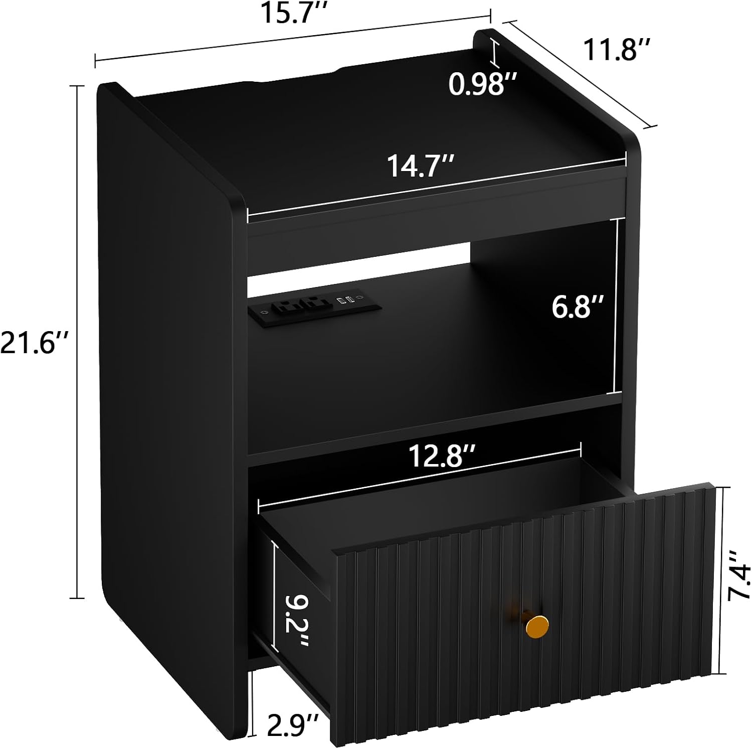 HIFYOBRO 21.6" Fluted Nightstand, End Table with Charging Station and LED Light, Modern End Side Table with Drawer (Black)