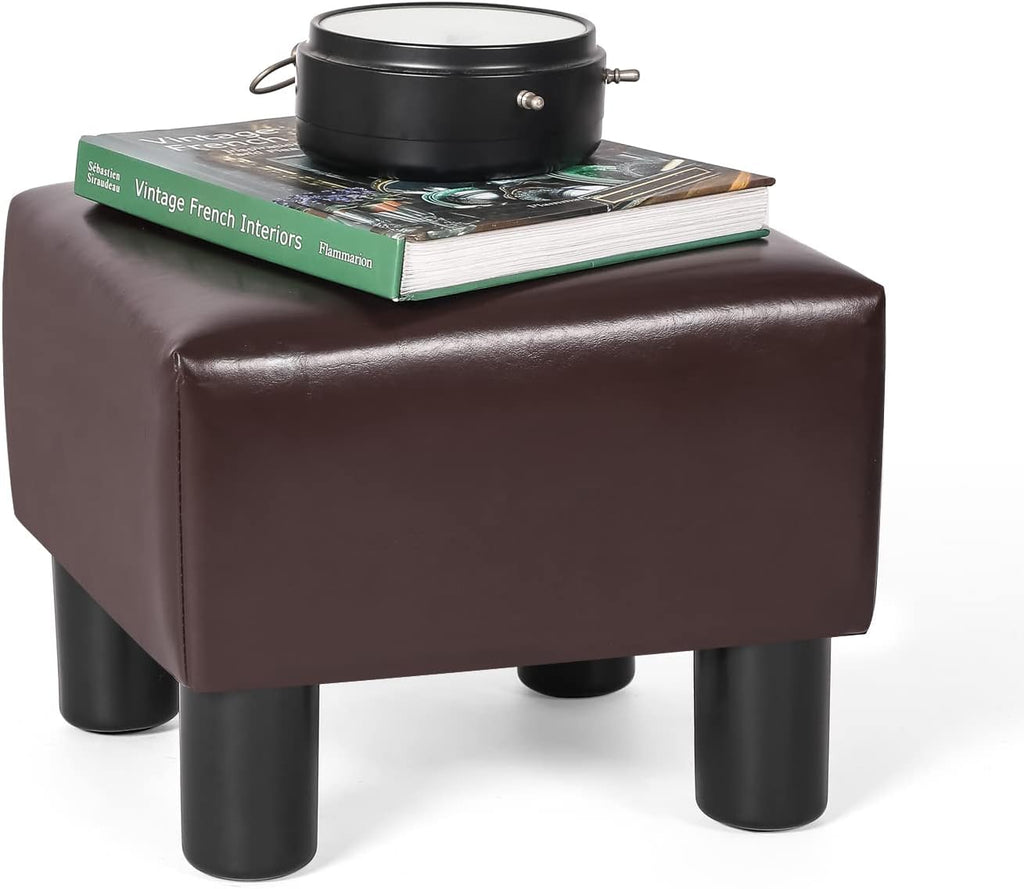 Homebeez 13" Small Footstool PU Leather Ottoman Footrest Modern Home Living Room Bedroom Square Stool with Padded Seat Plastic Legs, Dark Brown