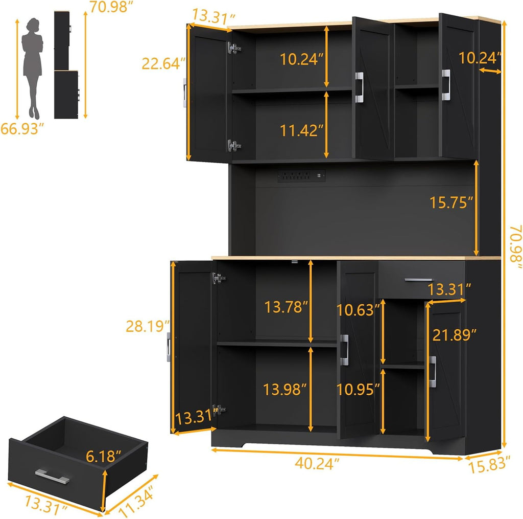 71" Tall Kitchen Pantry Storage Cabinet with Charging Station,Farmhouse Buffet Cabinet with Microwave Shelf,Large Kitchen Hutch Cabinet Doors & Drawer,Food Pantry for Dining Room,Living Room (Black)