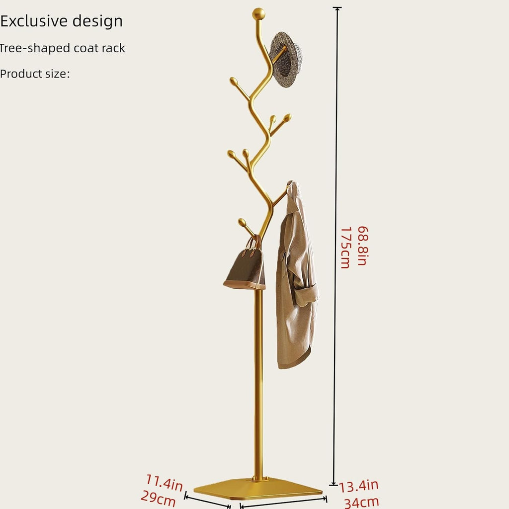 Sturdy Metal Coat rack Tree – Anti-Tip Design with 8 Hooks, Perfect for Home, Dorm, or Office Organization (gold)