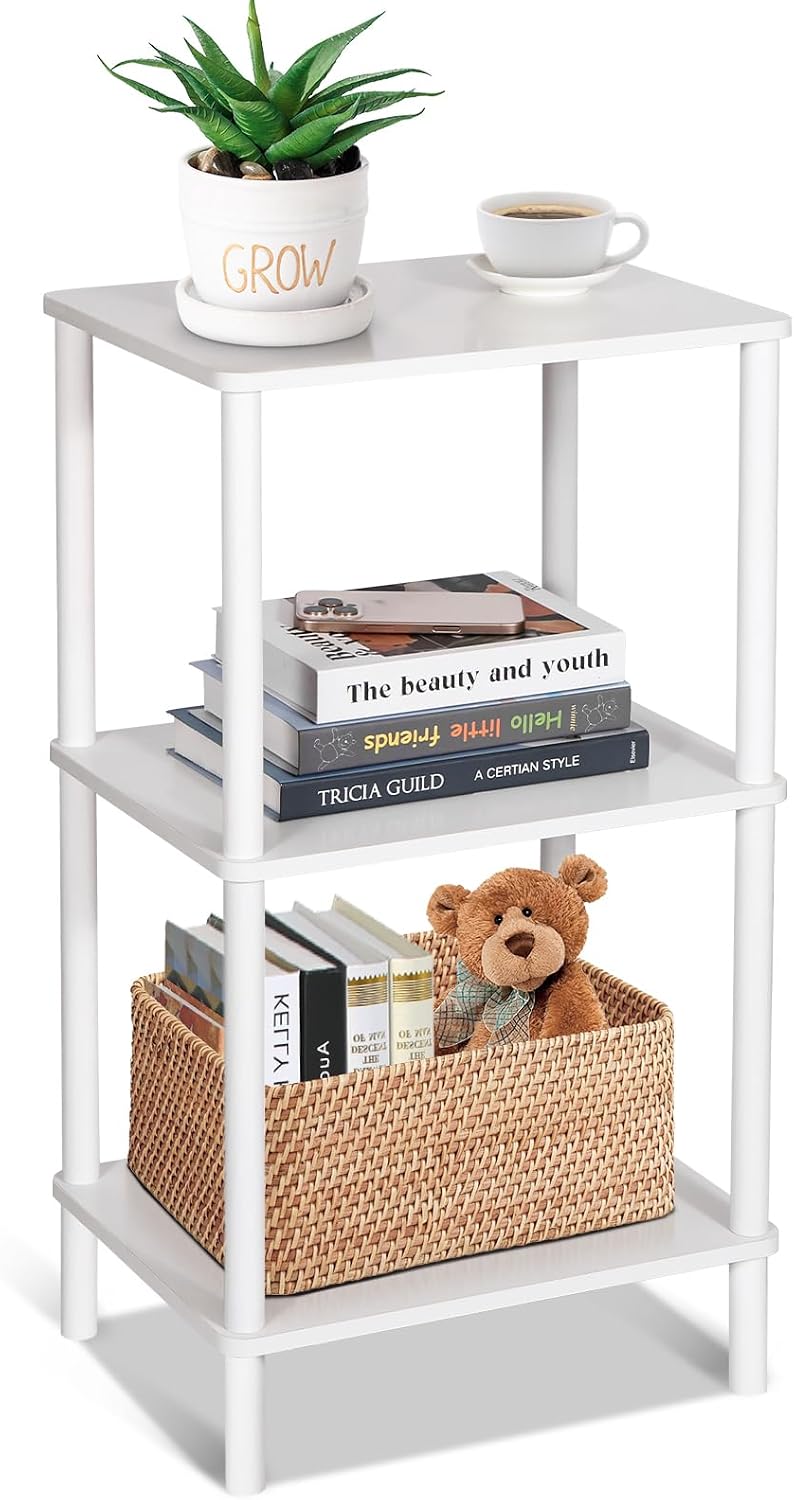 YGYQZ 3 Tier White Side Table ，Small End Table with Solid Wood Legs，28' Tall Bedside Table with Storage Shelf，Nightstand for Small Spaces，Living Room,Bedroom，Bathroom,No Tool Installation