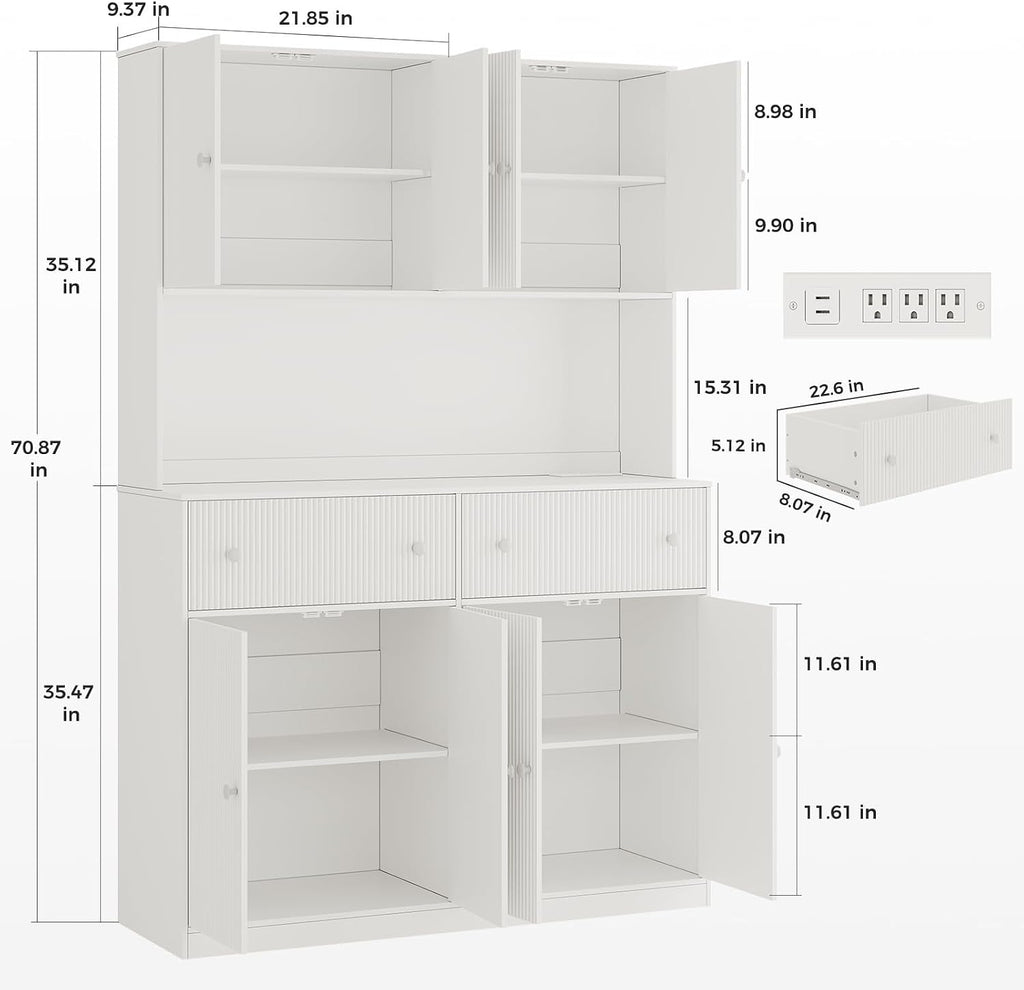Garvee 47" Fluted Kitchen Pantry Cabinet with Countertop and Charging Station - Tall Pantry Storage Cabinet with 2 Drawers and Adjustable Shelves for Dining Room, Living Room