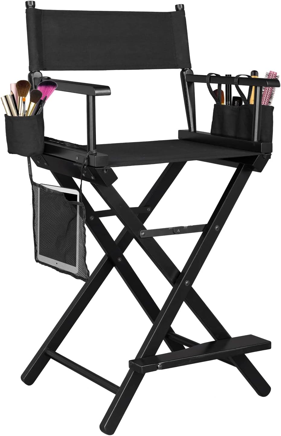 OmySalon 26" H Tall Directors Chair, Wooden Portable Folding Makeup Chair w/Storage Pouch & Footrest, Professional for Salon/Events/Mobile Services, 250lb Capacity, Black Canvas