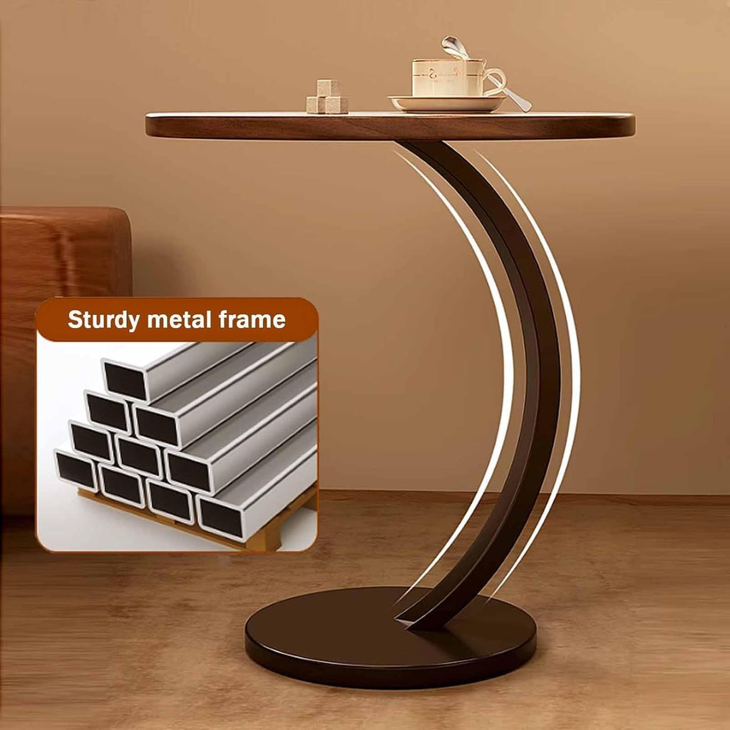 C-Shaped Side Table, Round End Table with Wooden Top & Metal Frame, Compact Living Room Coffee Table for Sofa, Bed, or Nightstand Use C