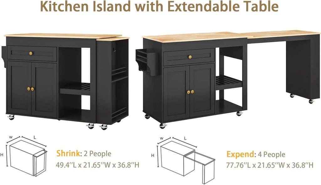 78"-49" Extendable Rolling Kitchen Island with Extended Dining Table, Mobile Kitchen Storage Islands with Storage Drawers, 2-Tier Storage Shelf,Black