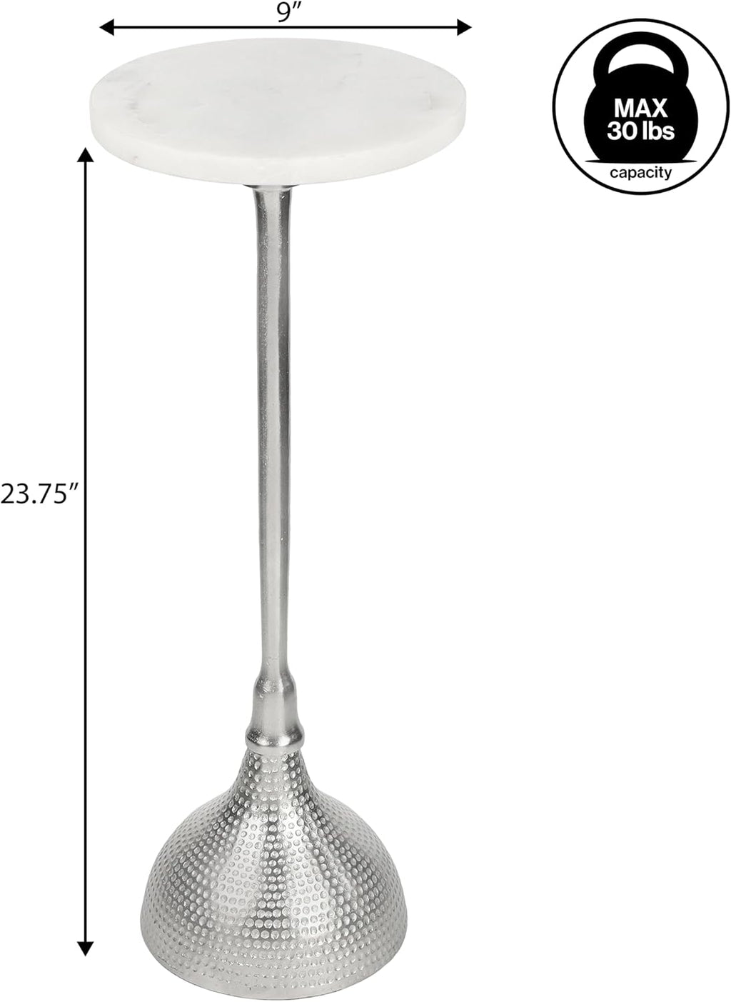 JONATHAN Y Ava Marble Top Drink Table with Hammered Nickel Pedestal, 23.75" Tall Round Martini Side Table for Small Spaces, Contemporary Metal Accent Cocktail Stand for Living Room END4001B