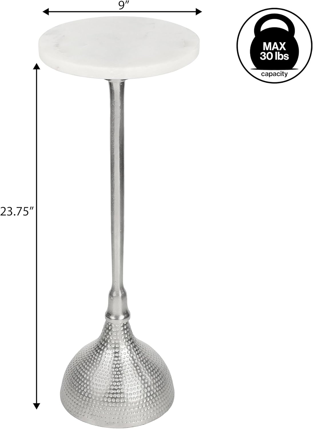 JONATHAN Y Ava Marble Top Drink Table with Hammered Nickel Pedestal, 23.75" Tall Round Martini Side Table for Small Spaces, Contemporary Metal Accent Cocktail Stand for Living Room END4001B
