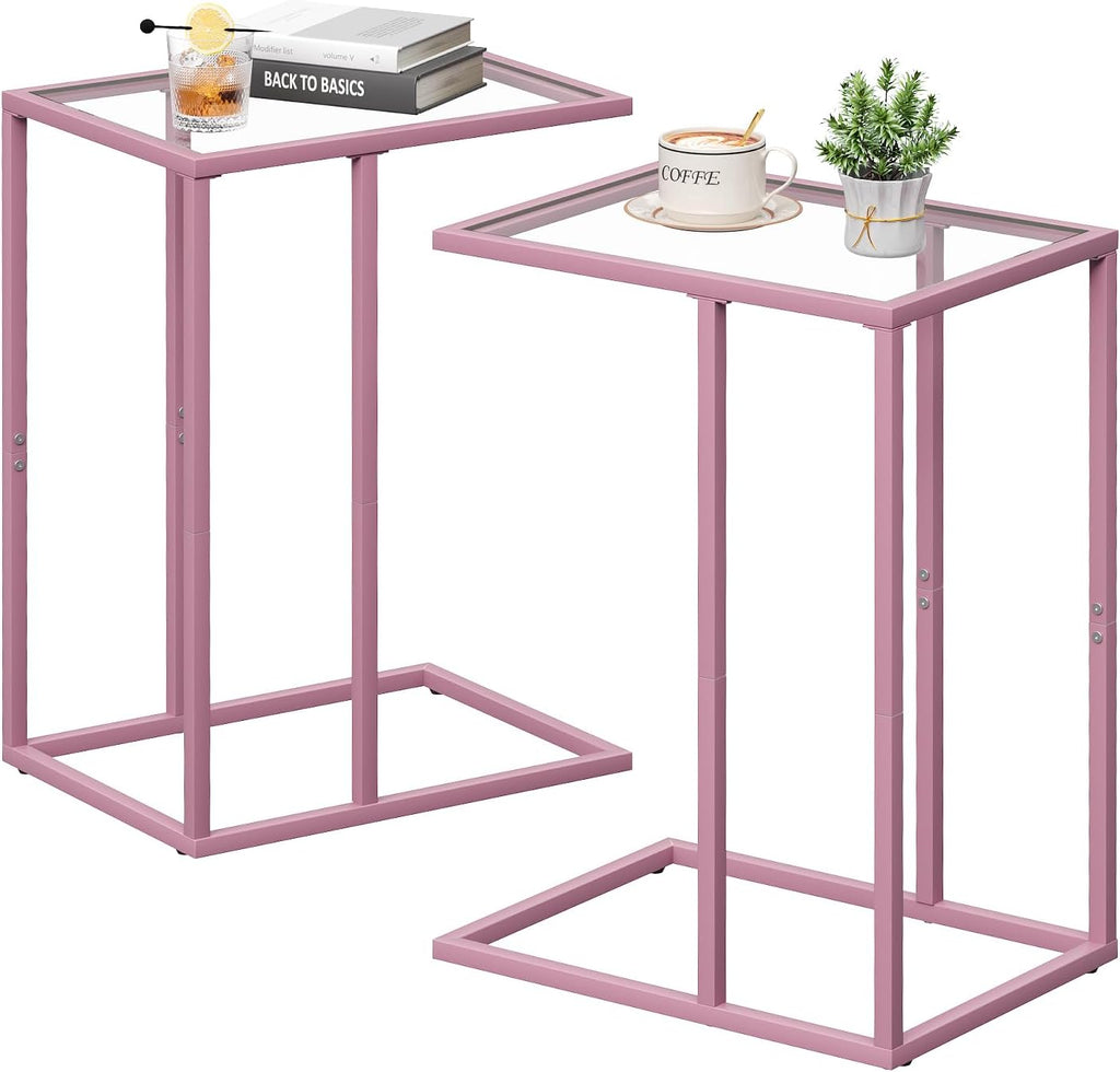 C Shaped End Table Set of 2, Small Side Couch Sofa Tables for Living Room,Glass Tv Tray Snack Dinner Table with Metal Frame, Easy Assembly (Pink)