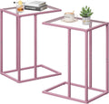 C Shaped End Table Set of 2, Small Side Couch Sofa Tables for Living Room,Glass Tv Tray Snack Dinner Table with Metal Frame, Easy Assembly (Pink)