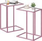 C Shaped End Table Set of 2, Small Side Couch Sofa Tables for Living Room,Glass Tv Tray Snack Dinner Table with Metal Frame, Easy Assembly (Pink)