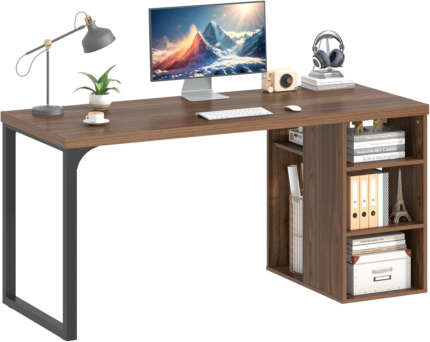 EXCEFUR Home Office Desk with Storage, Modern Computer Desk with Reversible Shelves, Gaming Study Writing Table Workstations for Living Room Bedroom, 53 Inch, Rustic Walnut