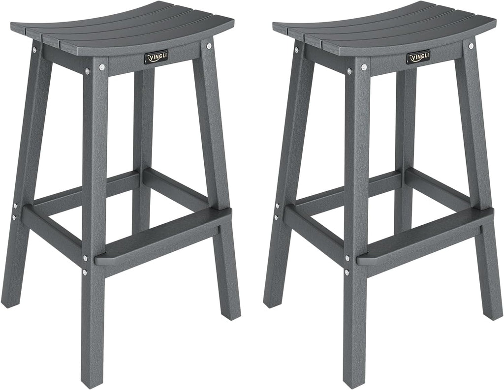 VINGLI 29" Outdoor Bar Stools Set of 2, HDPE Poly Lumber Bar Chairs with Footrest, Weather Resistant Patio Barstools for Bar, Kitchen Counter, Yard (Gray, 29 Inch 2 PC)