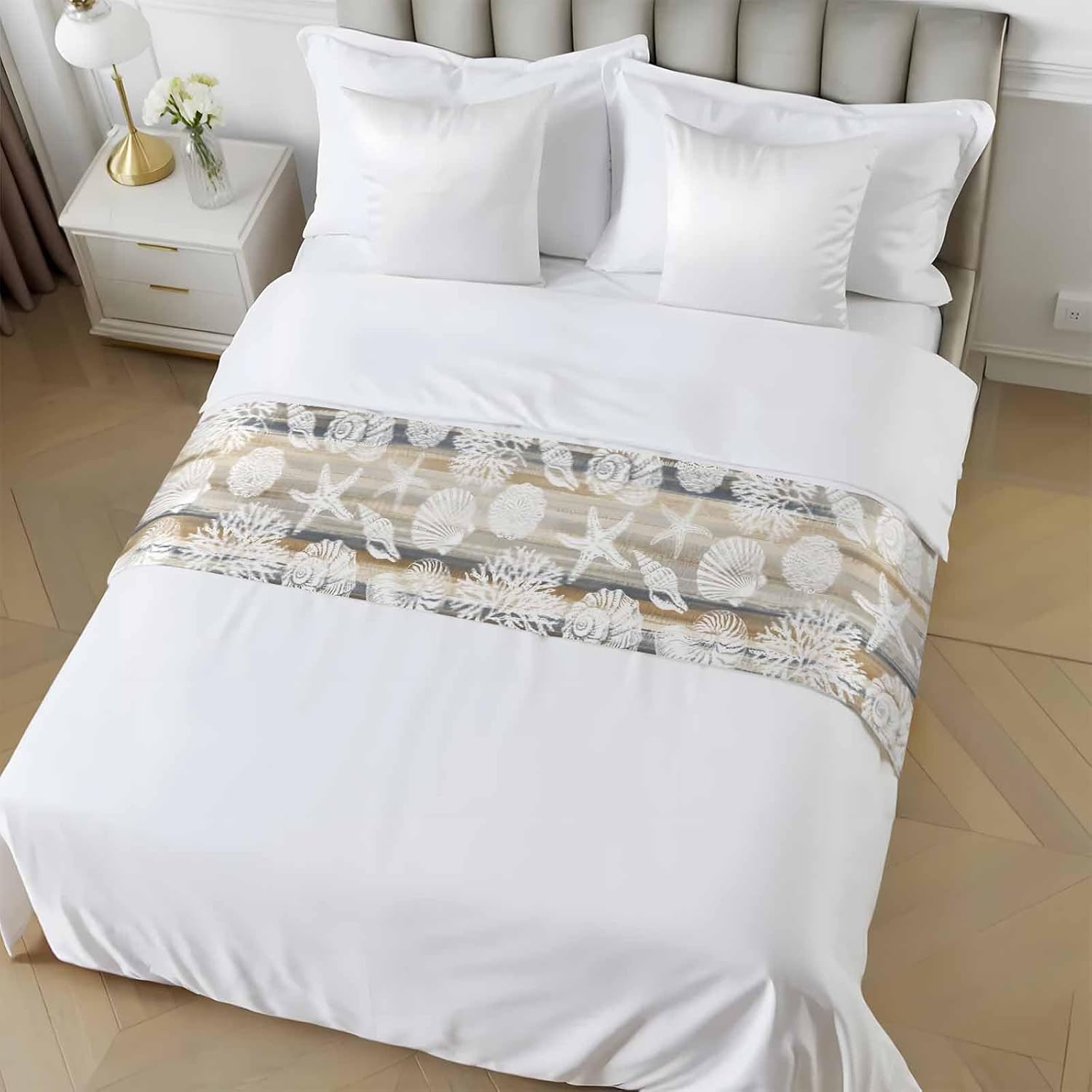 Beige Grey Coastal Bed Runner Scarf Cal King Size, Nautical Beach Starfish Coral Shell Modern Luxury Bed Throw Runners & Scarves for Twin Full Queen King Foot of Beds, Bedroom Decoration, 102"x20"