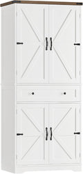 HOSTACK 71" Tall Pantry Cabinet, Farmhouse Kitchen Pantry with Storage Shelves, Barn Doors Food Storage Cabinet, Freestanding Kitchen Hutch with Large Drawer for Living Room, White + Rustic Brown